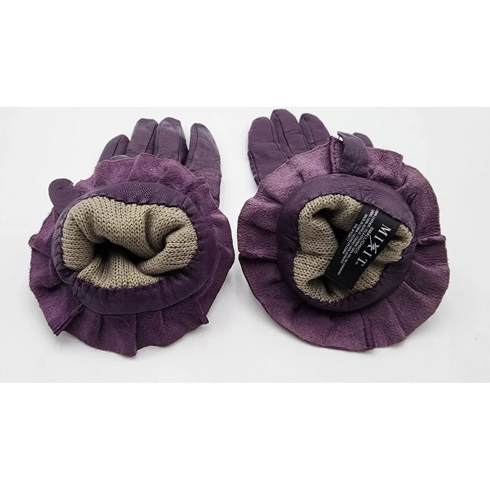 Mixit Leather Gloves Women Small Purple Ruffle Cuff Knit Lined